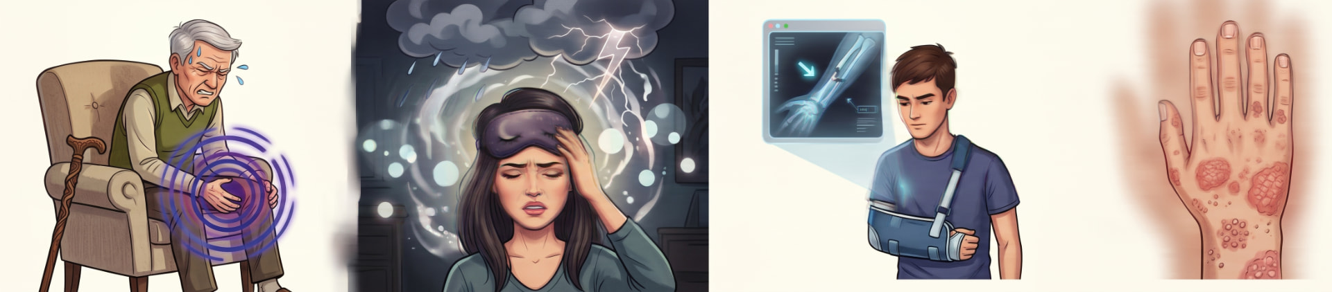 Illustration of conditions cryotherapy can help with: joint pain, migraine, injury and skin conditions