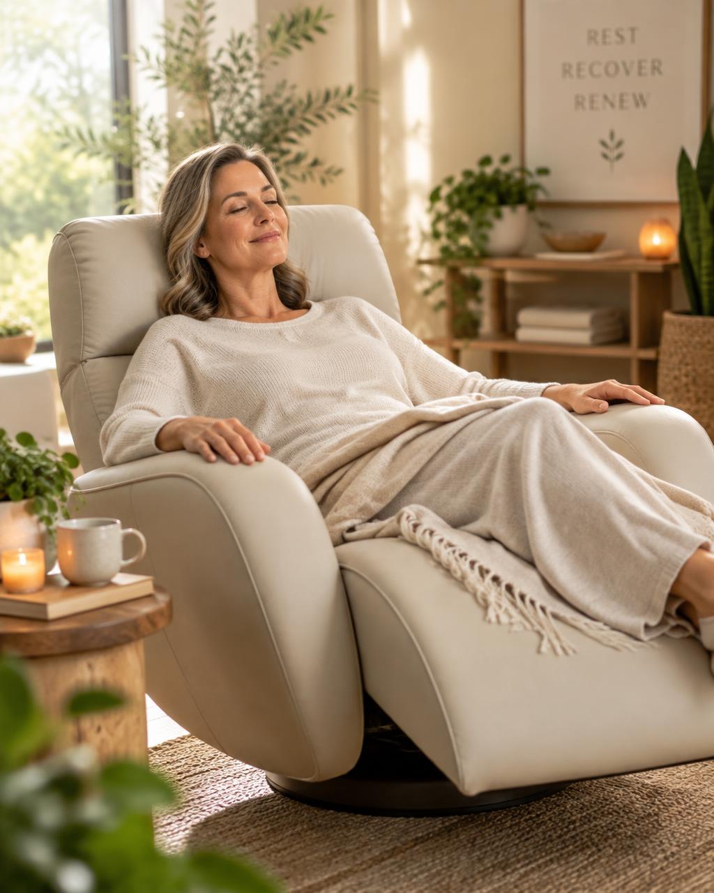 Woman relaxing in a warm, spa-like wellness recliner